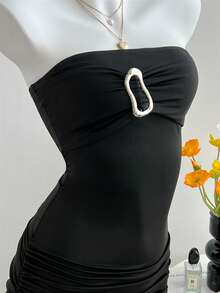 Elamini Y2K Metallic Decor Elastic Ruched Bodycon Mini Dress - Black - View 6