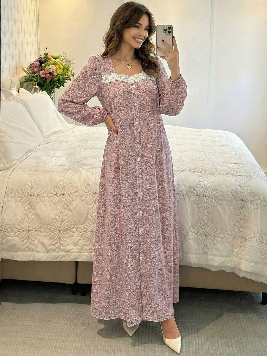Yasmyna Women's Purple & White Floral Print Lace Trim Long Sleeve Elegant Romantic Arabic Style Dress, Spring/Summer - Red Violet - View 1