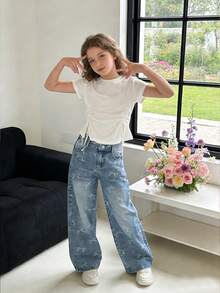 SHEIN Elladie kids 少女Y2K风格牛仔裤 - 复古浅色水洗牛仔布，蝴蝶印花，宽松直筒版型，舒适柔软面料，街头风，宽松牛仔裤，Y2K阔腿牛仔裤，印花牛仔裤，秋冬款 - 淺色水洗藍 - 查看 8