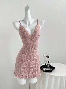 Elamini Women's Lace Patchwork Ruffle V-Neck Fitted Dress - Pink - View 4