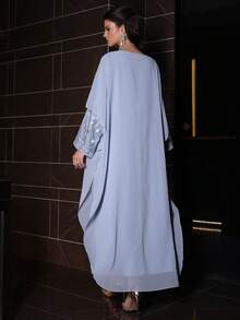 Layrah Luxury Blue Chiffon Patchwork Beaded Embroidered Batwing Dress, Spring/Summer - Blue - View 3
