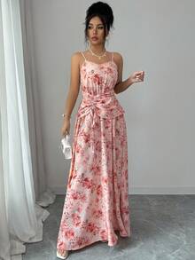 Rafferiza Cinched Waist Drawstring Strap A-Line Dress, Featuring Elegant Digital Printing Design, Suitable For Graduation Ceremony And Vacation Wear - Dusty Pink - View 6