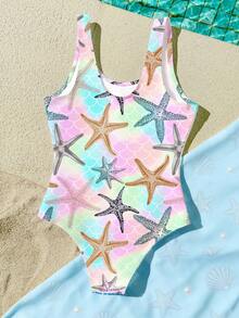 Tween Girls' Colorful Shell Print Pattern One-Piece Swimsuit, Casual & Minimalist Design, Suitable For Summer, Beach Trip, Summer Vacation, Pool Party, Summer Camp, - Multicolor - View 2