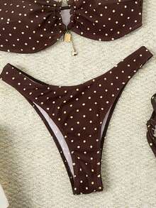 Swim Mod 两件套女士优雅波点印花金属链吊带露脐上衣和性感比基尼泳裤沙滩泳装套装，适合海滩、泳池派对、度假村等场合。 - 彩色 - 查看 4