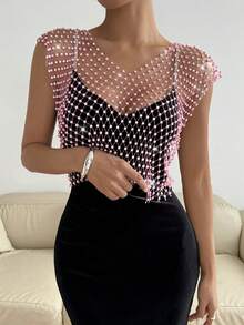 Zolique Áo nữ thời trang cổ chữ V khoét rỗng tay ngắn đính đá, thích hợp dự tiệc, đi nghỉ mát, du lịch, nghỉ hè, áo lấp lánh màu hồng đính đá, phù hợp cho tiệc bar, lễ hội, câu lạc bộ, áo đính đá mới nhất cho nữ, áo lưới đính đá. - Màu Hồng baby - Xem 4