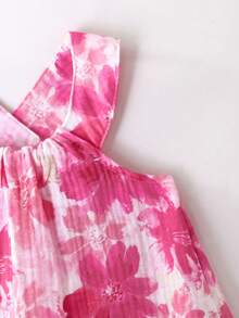 SHEIN Playful Pals 女婴碎花彩色吊带连衣裙，优雅休闲可爱夏季度假装 - 粉色 - 查看 6