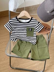 SHEIN Playful Pals Baby Boy Summer Casual Fashionable Street Daily Commute Striped Print Contrast Color Flap Pocket Short Sleeve T-Shirt And Shorts Loose Suit - Multicolor - View 8