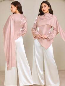 Graceveil Bộ 2 món áo kiểu lệch vai bằng satin dành cho nữ và quần ống rộng. - Hồng - Xem 1