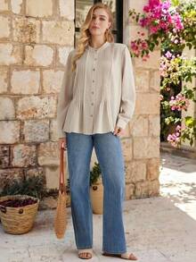 Parysyn Plus Size Elegant Women's Cream Blouse With Pleated Front And Banded Collar Long Sleeves For Everyday Wear Casual Blouse Western Tops Ribbed Shirt - Apricot - View 3