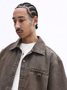 SUMWON Bộ đồ hai mảnh gồm áo sơ mi và quần short denim dáng rộng, tay ngắn, cài cúc, màu nâu xám bạc cổ điển, dáng rộng thoải mái, thích hợp cho mùa hè. - Màu be - Xem 5