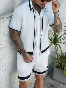 Manfinity CasualCool 男士撞色 Polo 领单排扣短袖衬衫上衣和短裤休闲日常穿搭 - 彩色 - 查看 4