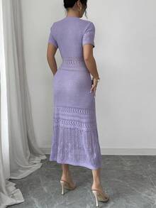 Elenzga 女士春夏新款嘉年华圆领收腰中长款优雅女士法式约会百搭时尚喇叭下摆针织短袖连衣裙 - 紫色 - 查看 2