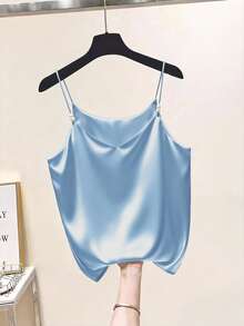 GlowEve Elegant Commuter Chic French Style V-Neck Satin Camisole Top With Pearl Decor For Women - Blue - View 5