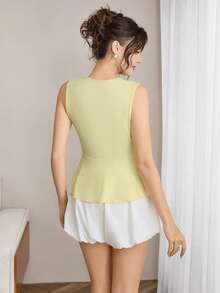 Opuloom Vårnytt rundhalsat ärmlös kostymväst för kvinnor, sommar exklusiv mångsidig crop top, öppen framsida pärlknappsskjorta peplum topp kvinnor gul damsommartopp peplum ärmlös topp kvinnor sommartopp - Gul - Visa 2