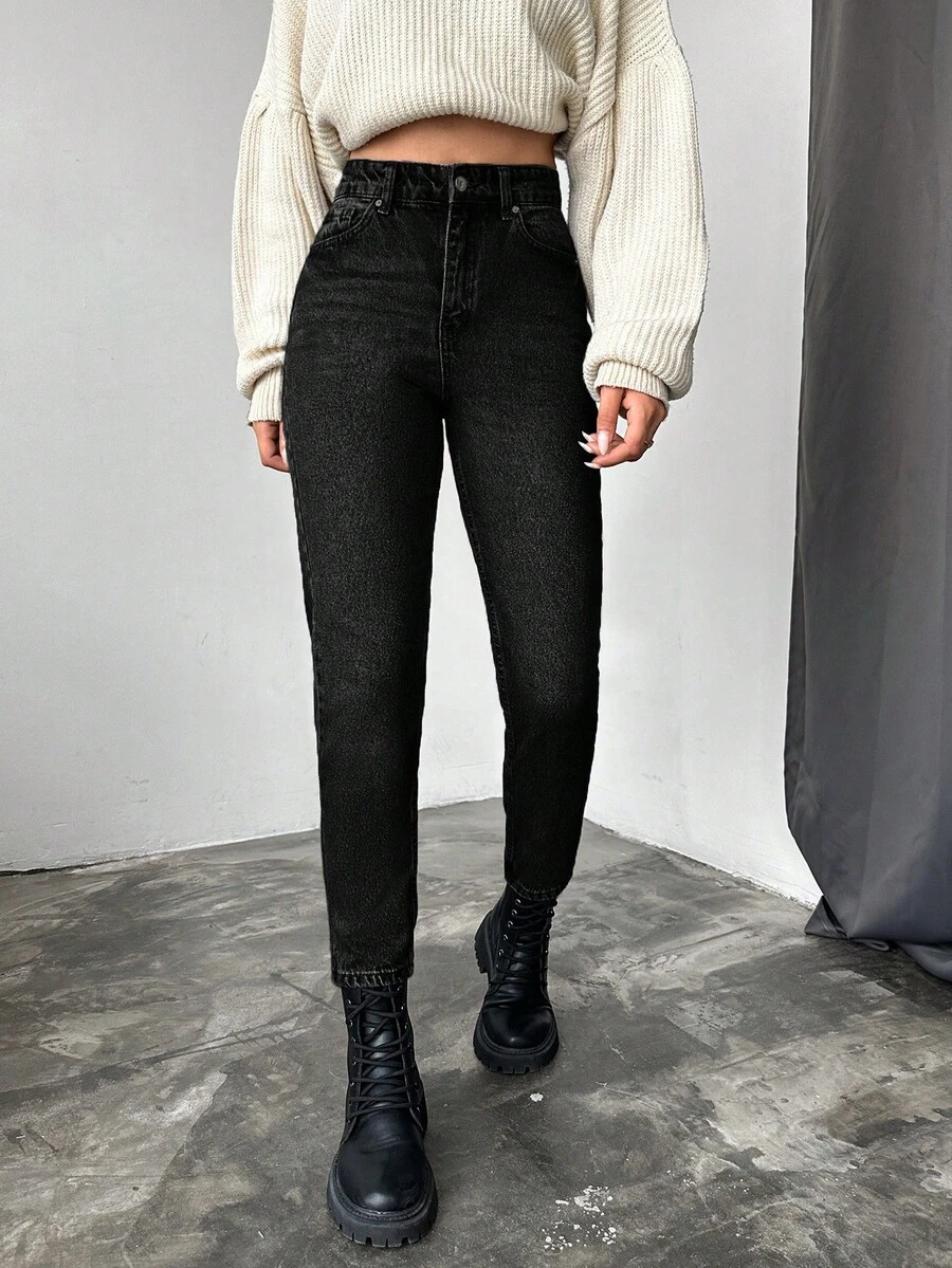 EURMUSE 100% Cotton Women's High Waist Tapered Dark Wash Casual Jeans Petite Wow Dark Twilight Romwe Jeans Pants Jean High Waisted Jeans Black Denim Jeans - Black - View 1