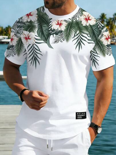 Manfinity RSRT Camiseta de manga corta con estampado floral tropical para hombre, camiseta casual de cuello redondo para verano, camiseta de cuello redondo regular para hombre, camiseta de moda casual