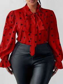 SHEIN CURVE+ 大码爱心印花长袖系带衬衫 - 紅色 - 查看 6