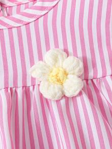 SHEIN Baby GirlColorful Striped Floral Trim Casual Cute Dress With 3D Flower Decor, Spring/Summer - Pink - View 3
