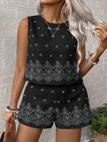 EMERY ROSE Large-Sized Woven Printed Summer Women's Two Pieces Set - Black - View 4
