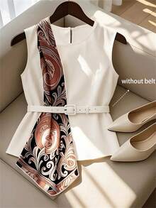 GlowEve Women's Spring/Summer Printed Patchwork Sleeveless Top With Waist Belt Loop - White - View 1