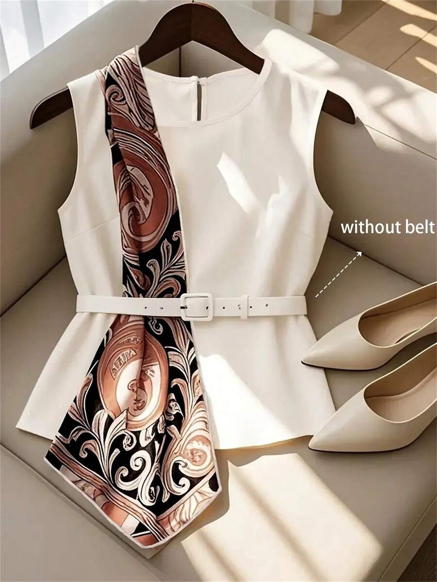 GlowEve Women's Spring/Summer Printed Patchwork Sleeveless Top With Waist Belt Loop - White - View 1