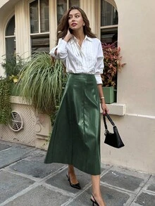 Pariaura 女士绿色皮革拉链A字裙，适合万圣节派对、婚礼宾客等场合，优雅百搭，冬季外出穿着，适合秋冬季节、圣诞节等各种场合，时尚别致，休闲百搭，棕色裙子，适合圣诞节、万圣节等各种场合。 - 墨綠色 - 查看 3