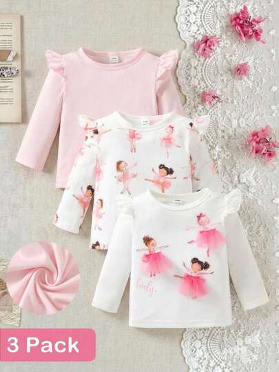 SHEIN 3 peças/Conjunto Blusas de Manga Longa Simples, Versáteis, Doces e Fofas para Bebê Menina, com Babados Listrados e Lisos, Elásticas e Macias, Adequadas para Outono/Inverno, Uso Casual, Casa, Férias