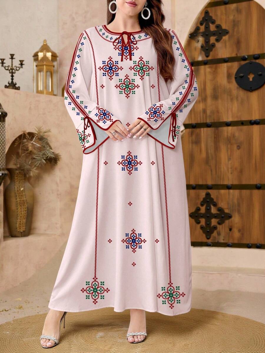 SHEIN Najma 大码女士几何图案和三叶草印花V领系带长袖优雅阿拉伯风格长款连衣裙,春季 - 彩色 - 查看 1