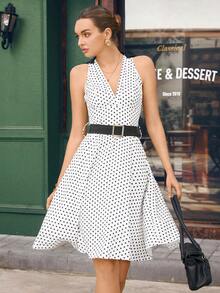 Opuloom Women's Elegant Polka Dot V-Neck Sleeveless Waist Cinched Casual Commute Date Party Dinner Dress, Spring/Summer - Multicolor - View 3