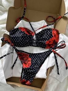 Swim Vcay Bộ bikini hai mảnh buộc dây chéo, họa tiết ngẫu nhiên, dành cho nữ, thích hợp cho mùa xuân/hè. - Nhiều màu - Xem 3