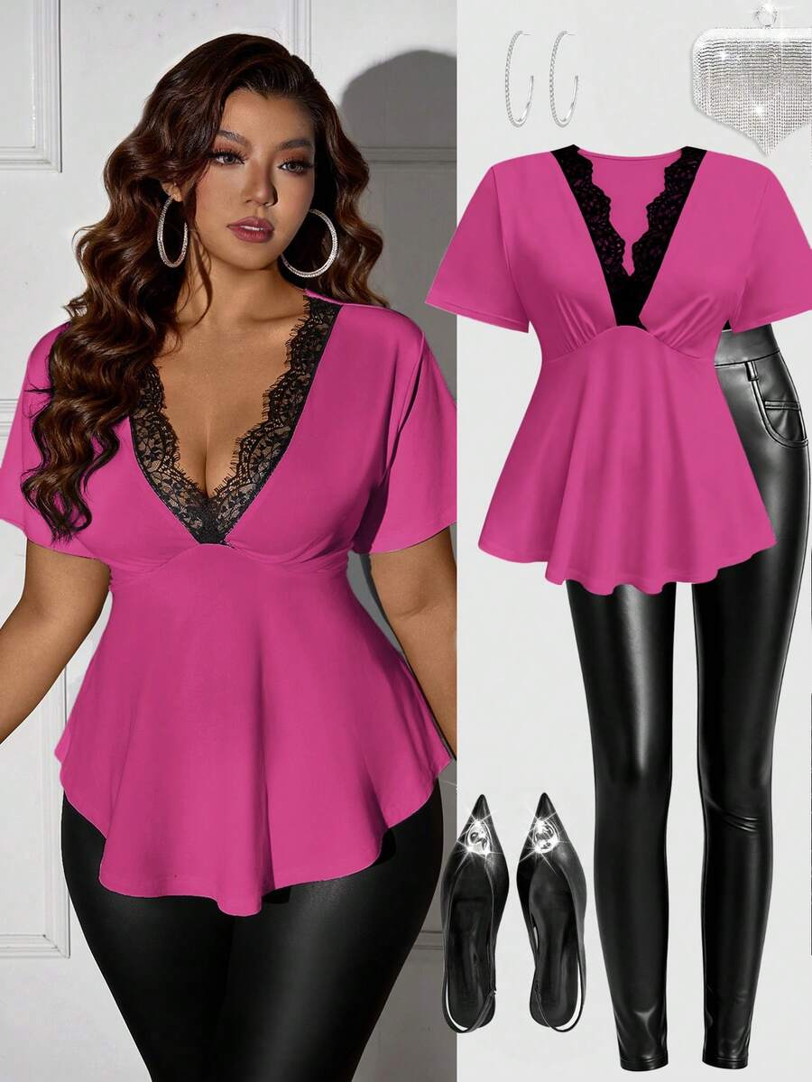 Femmeverse 大码女式休闲蕾丝边V领T恤 - 粉色 - 查看 1