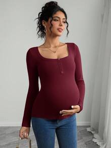 SHEIN Maternity Solid Color Square Neck Long Sleeve Fitted Henley T-Shirt - Burgundy - View 4