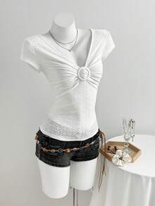 Elamini Women's Casual Commuter Hollow Out Jacquard Textured Circle Bust Ruched T-Shirt - White - View 4