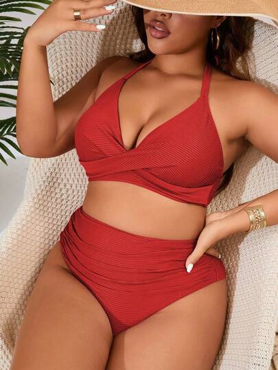 Swim Lushoire Plus Size Women's Solid Color Halter Tie Sexy Bikini Swimwear Set