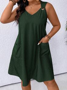 Breezaya 大码条纹印花镂空心形领休闲无袖连衣裙 - 軍綠色 - 查看 3