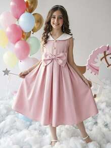 SHEIN Tween Girl Elegant Gold Button White Color Block Collar Big Bow Pink Sleeveless A-Line Dress,Pink And White Striped,Summer,Elegant,Party Wear Vintage - Pink - View 14