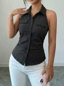SHEIN Raffinéa Women's Striped Halter Backless Tie Design Fashionable Versatile Casual Blouse - Black - View 3