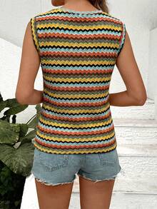 SHEIN LUNE 复古撞色条纹无袖圆领休闲T恤，夏季 - 彩色 - 查看 2