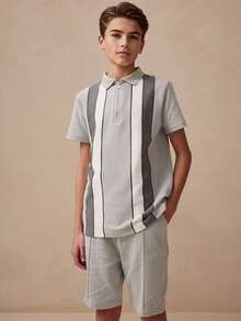 SHEIN Set de 2 piezas de camisa polo y pantalones cortos casuales y holgados para niño preadolescente - Gris - Ver 2