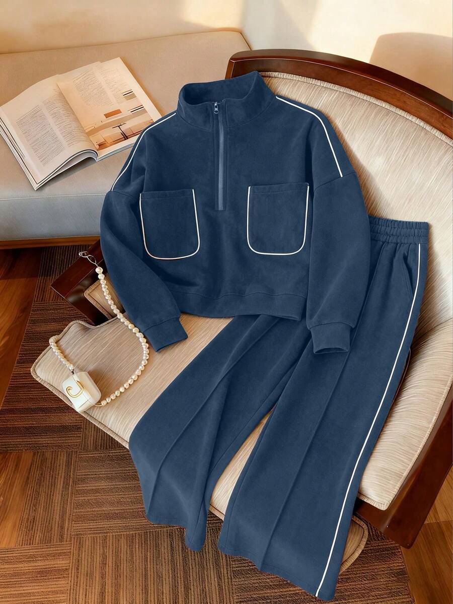 INAWLY Women's Short Zip-Up Tracksuit Set, Solid Color, Autumn/Winter - Royal Blue - View 1