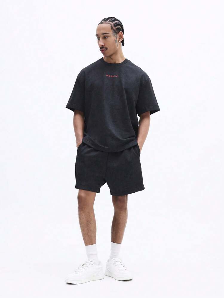 SUMWON Ensemble coordonné t-shirt noir surdimensionné et short décontracté avec imprimé Berlin pour le streetwear et la tenue de détente d'été
