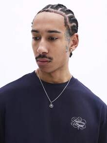 SUMWON Men Graphic Script Los Angeles Tee Navy Crew Neck Short Sleeve Regular Fit Casual Cotton T-Shirt - Navy Blue - View 6