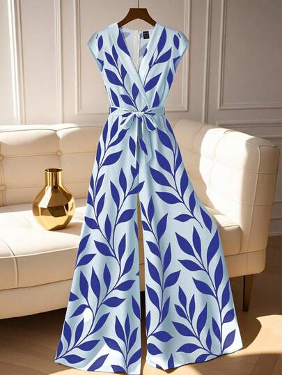 Franclia Conjunto de pantalón ancho y top con estampado floral de verano para mujer, con cinturón en la cintura