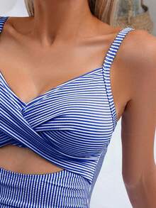 Swim Basics Women's Sexy One-Piece Striped Hollow Front Lace-Up Back Swimsuit, Summer - Royal Blue - View 4
