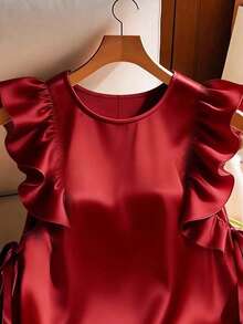 EMERY ROSE 女士纯色荷叶边领结前襟休闲时尚衬衫 - 紅色 - 查看 5