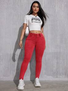SHEIN LUNE 优雅休闲百搭修身高腰黑色梭织女式牛仔裤，四季皆宜 - 紅色 - 查看 6