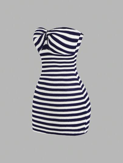 Sweetra Women's Contrast Stripe Backless Knit Tube Top Bodycon Mini Dress, Summer