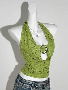 Sweetra Áo tank top mùa hè mới về dành cho nữ, kiểu dáng gợi cảm, đính hạt cườm, thiết kế cổ yếm. - màu xanh lá - Xem 6
