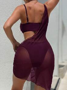 Bonvoyette 3件套女士泳装比基尼套装，新款夏季黑色复古风无袖不对称网纱泳裙，奢华金属装饰性感沙滩罩衫性感泳装连衣裙性感度假连衣裙比基尼连衣裙 - 中紫紅色 - 查看 2