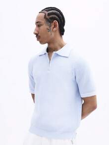 SUMWON Polo Rajut Ribbed Lengan Pendek Kasual Musim Semi/Panas dengan Detail Ujung, Potongan Santai dan Resleting Seperempat, Polos - Baby Blue - View 4